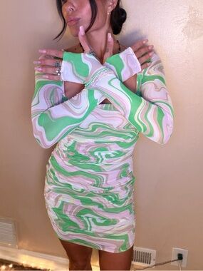 AFRM Green & Pink Swirl Mini Bodycon Dress with Mesh Sleeves and Thumb Holes